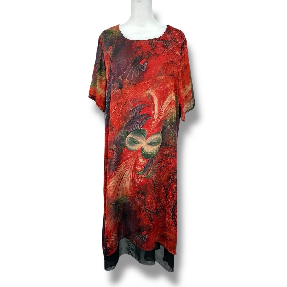 Abstract Red Print Midi Dress L Short Sleeve Sheer Overlay Art Goth Statement